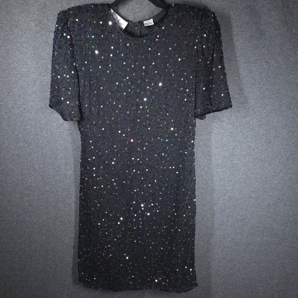 Vtg Laurence Kazar Black Beaded Sequin Silk Dress Size L 80s 90s Cocktail Party